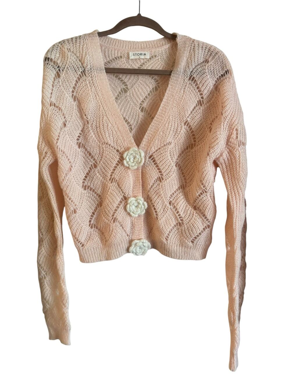 Storia Wool Blend Crochet Sweater Cardigan Flower Snap Buttons M Pink Feminine